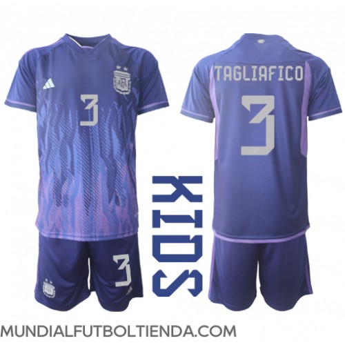 Camiseta Argentina Nicolas Tagliafico #3 Segunda Equipación Replica Mundial 2022 para niños mangas cortas (+ Pantalones cortos)